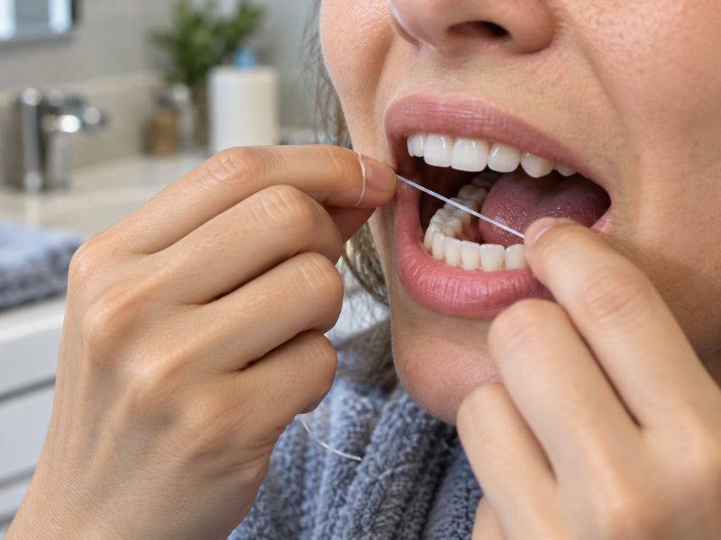 Woman carefully flossing around her teeth while caring for a temporary dental crown.