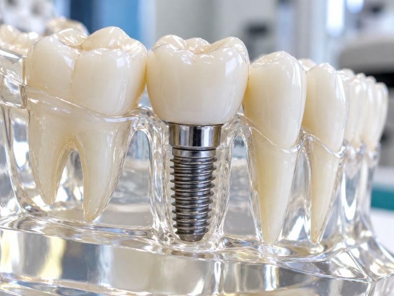 Dental model showing a crown attached to a dental implant between natural teeth.