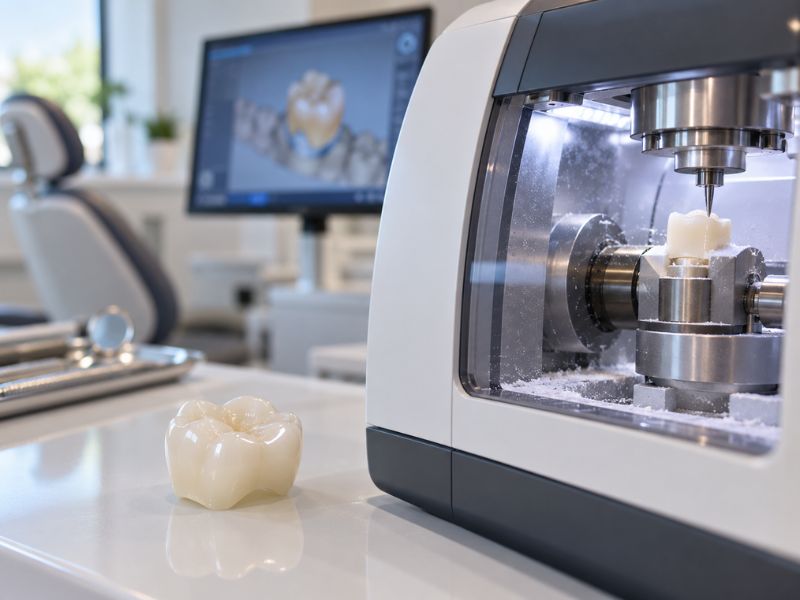 Dental milling machine creating a ceramic crown for a same-day crown procedure.