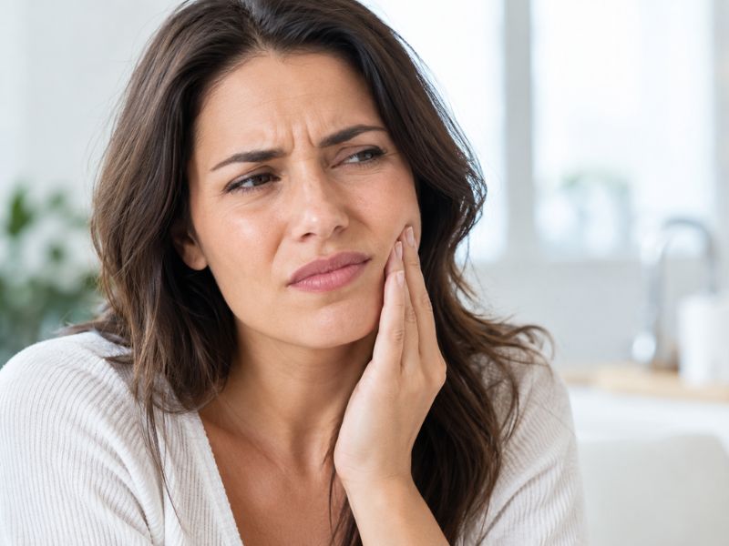 Woman holding her jaw due to tooth pain that may indicate a damaged tooth.