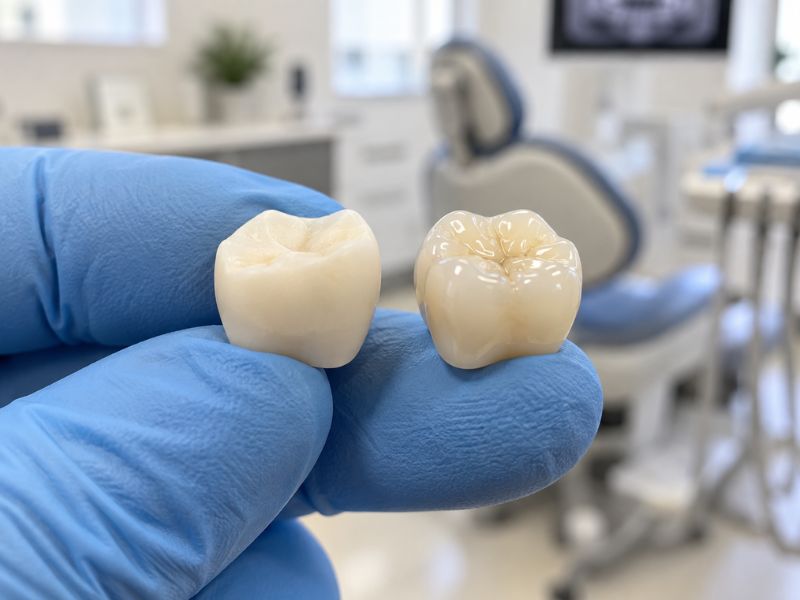 Dentist holding a temporary crown and permanent ceramic crown for comparison.